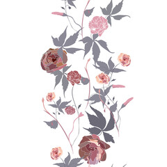 Vector seamless pattern with fancy mix of flowers and leaves, for ribbons. There are 3 companion patterns - 1 more for ribbons, a pattern for textile, and a round wreath for plate, pillow, wall clock © OlgaA