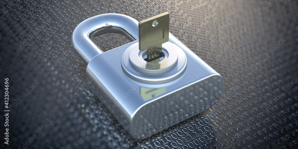 Poster cyber security. key in a padlock, binary code background. 3d illustration