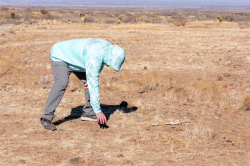 A man in a looks for Fire Agates in Arizona's Round Mountain Rockhounding Area. Visitors are allowed to hunt for the semi-precious gems, no permit needed. Concepts of treasure hunting, tourism