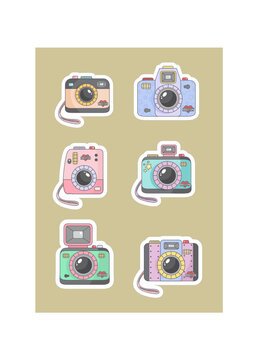 C&acirc;mera Vetor - Desenho c&acirc;mera fotogr&aacute;fica. Desenho cores pastel.  Stickers. Fotos. Adesivos. Set. M&aacute;quina fotogr&aacute;fica