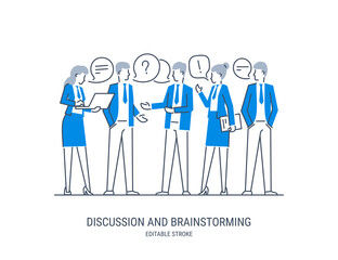 Discussion and brainstorming in team concept. Group of business people at work, office meeting. Professional communication. Vector illustration. Editable stroke.