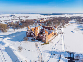 Mir Castle in Belarus. Winter aerial view. Drone shot