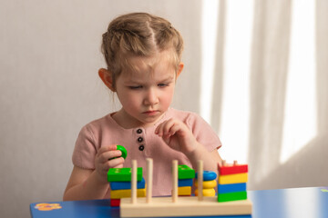 
Children's wooden toy. The child collects the sorter. Educational logic toys for children. Montessori games for child development
