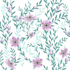 The seamless background of the sprig with pink flowers. Vector illustration