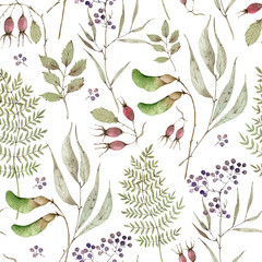seamless pattern with delicate sprigs of plants and wild berries, watercolor hand painted. close-up on white background
