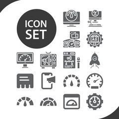 Simple set of speedometer related filled icons.