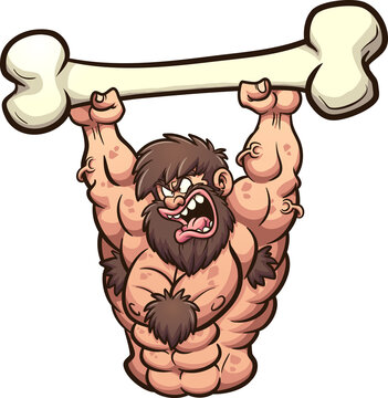 Strong cartoon caveman lifting a big bone. Vector clip art illustration with simple gradients. All on a single layer.
