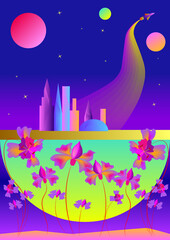 Futuristic landscape. Space. Planet. Fantastic city. Flowers. Rocket. Colorful. Abstract. Gradient. Vector illustration.