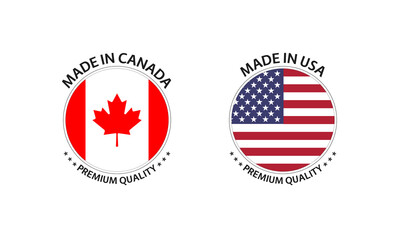 Set of two Canadian and United States of America stickers. Made in Canada and Made in USA. Simple icons with flags isolated on a white background