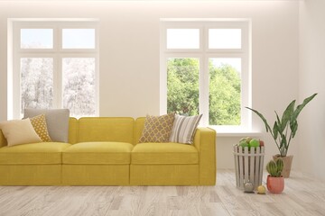 White living room with sofa, summer and winter landscape in window. Scandinavian interior design. 3D illustration