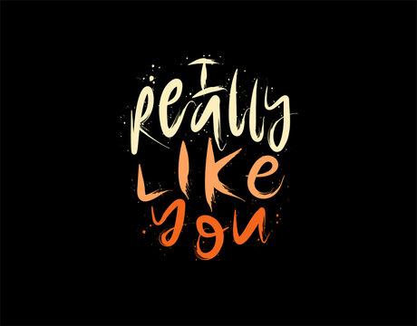 I Really Like You lettering Text on black background in vector illustration. For Typography poster, photo album, label, photo overlays, greeting cards, T-shirts, bags.