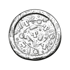 Sketch of Italian pizza isolated on white background