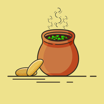Georgian cuisine Lobio in pot decorated with cilantro.   Georgian corn-bread mchadi. 