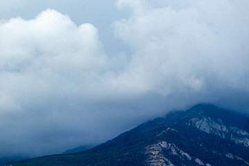 beautiful, big mountains in snow, haze, clouds on a good day, on a trip, travel, holiday, walk, vacation