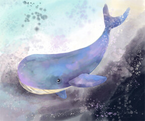 Illustration: blue whale in watercolor technique