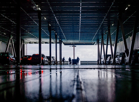 Wet car deck of a ferry
