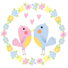 Vector abstract birds isolated on white background with frame of flowers. Cute enamored birds  cartoon flat style. Illustration on the theme of love.