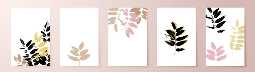 Grunge leaves postcard set. Abstract foliage for cards, covers, wall art or posters. Pastel colors backgrounds. Sophora tree leaf. Sophora japonica foliage.