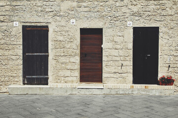 three different doors with flowerpot and white wall.