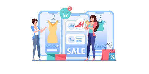 Vector cartoon flat girl characters use online shopping discounts.Happy customer buying at clothing store sales on smartphone screen mobile app-online shop,web site banner ad,social media concept
