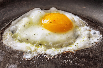 fried egg in a frying pan close up