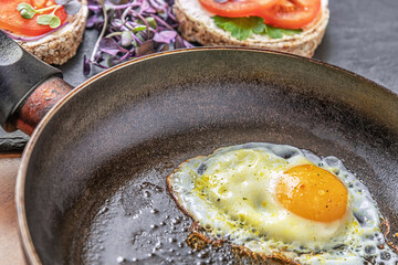 fried egg in a frying pan close up