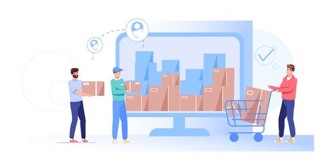 Vector cartoon flat characters receive online orders buys.Delivery service workflow-ordered goods on computer screen app,courier give purchase to happy customer-online shop,web site banner ad concept