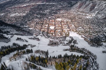Aerial View of the world famous Colorado Ski Town during Winter