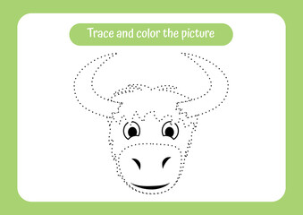 Yak. Trace and color the picture. Educational game for children. Handwriting and drawing practice. Nature theme activity for toddlers, kids.