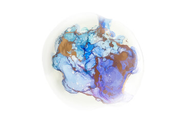 Liquid ink, abstract background in gold, blue and purple colours in round shape