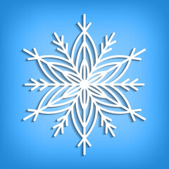 White template snowflake with shadow on blue background. Isolated snowflakes icon. Empty paper shape. Winter cartoon flat illustration. Geometric hexagonal pattern. Hand draw style