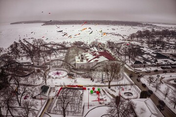 Aerial View of Winter Festivities on a Hazy Day at Lake Okoboji, Iowa