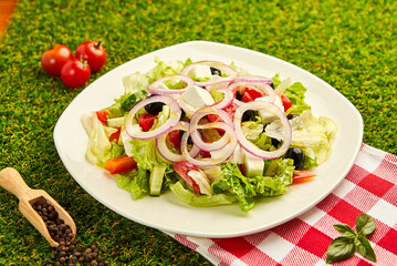Greek salad with fresh vegetables, feta cheese and olives. Healthy food.