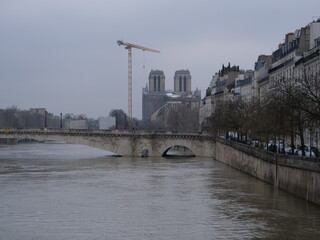 The Seine river in floods in Paris. the 9th february 2021 with winter conditions.