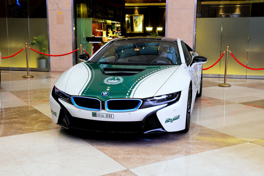 DUBAI, UAE - NOVEMBER 16: The BMW i8 electric car of Dubai Police is on Dubai Motor Show 2019 on November 16, 2019