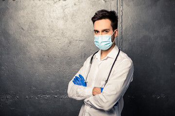 Doctor nurse patient personal protective equipment. Healthcare concept. Man wear white shirt, blue...
