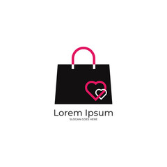 Shopping bag logo with heart icon, ladies hand bag vector