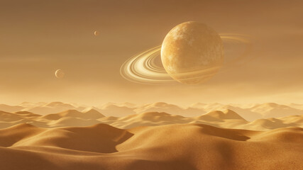 Background of a desert landscape with a planet with rings in the sky and two small satellites. Sci-fi environment. 3D Rendering © Martín Férriz