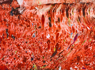 Red dots of paint. Liquid art painting. Trendy marble effect illustration. Colorful textured background.