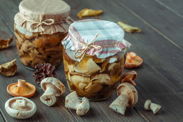 Mushrooms marinaded in glass jars. Fermented mushrooms on rustic widen background. mushrooms conservation for the winter.Several types of pickled mushrooms in jars.