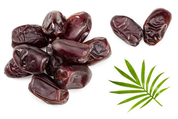 date fruits with green leaves isolated on white background. clipping path. top view