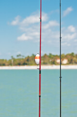 front view, medium distance of two fishing poles,  one with a white bobber with orange stripe, leaning against a wood railing , on a pier in tropical, gulf of Mexico, on sunny morning