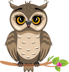 Funny owlet sitting on a flowering branch
