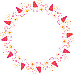 Party hats, confetti, streamers, and stars wreath vector illustration. Embellishment for cards, invitations, tags, labels, and posters. Great for birthdays and festivals. Copy space for text inside.