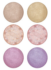 Face powder foundation or blusher samples, beauty bronzer products isolated on white background, clipping paths included