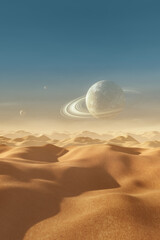 Background of a desert landscape with a planet with rings in the sky and two small satellites. 3D Rendering © Martín Férriz
