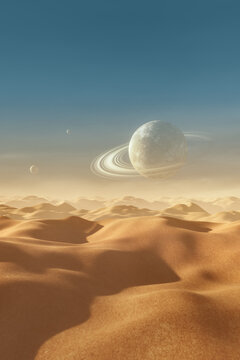 Background of a desert landscape with a planet with rings in the sky and two small satellites. 3D Rendering