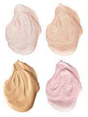 Smears of liquid highlighter or luminizer isolated on white background. Makeup smear of creamy...