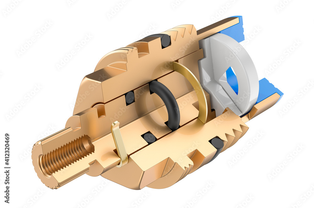 Poster cross-section of standard washer tap valve headwork compression gland. 3d rendering
