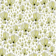 Seamless spring pattern with yellow flowers on white background. Yellow flowers for printing on paper, fabrics. - 412320619